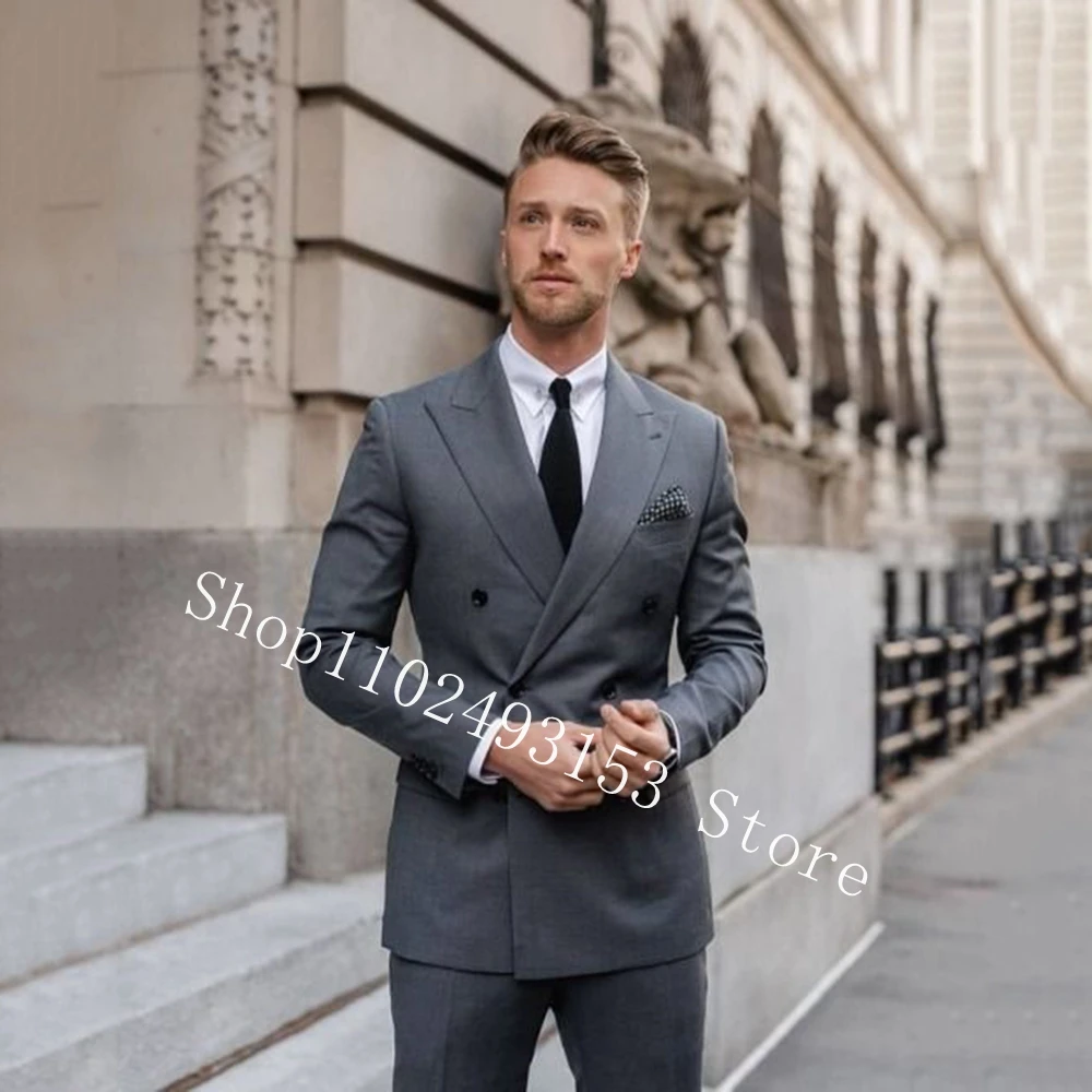 Grey Formal Business Suits Men Blazer Slim Fit Suits Double Breasted Groom Wear Wedding Tuxedos Jacket Pants Trajes De Hombre