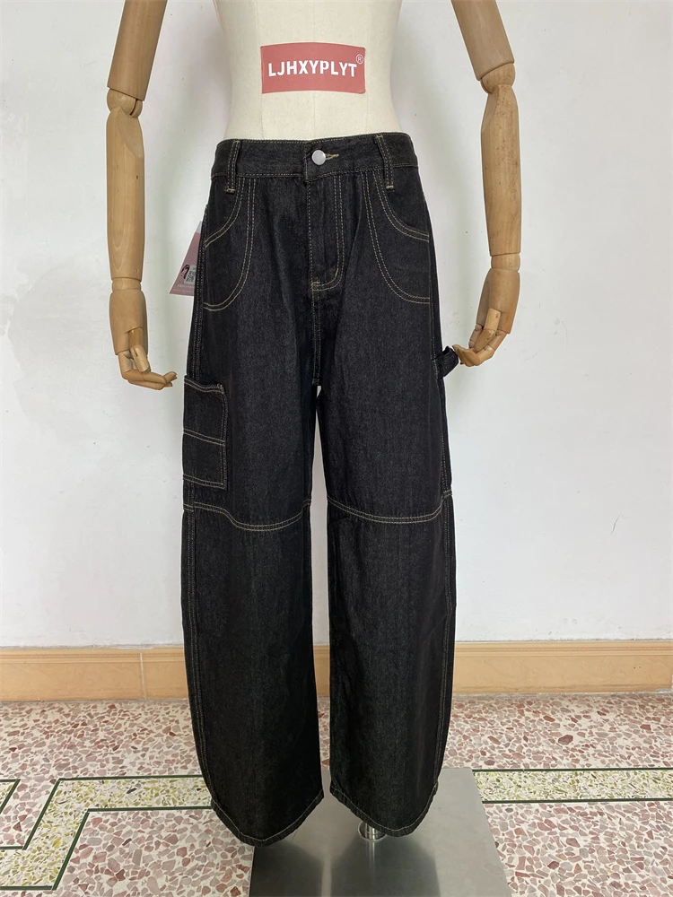 

Women's Large Pocket Letters High Waisted Bf Jeans Vintage Cool Girl Wide Leg Streetwear Trouser Female Casual Denim Pant