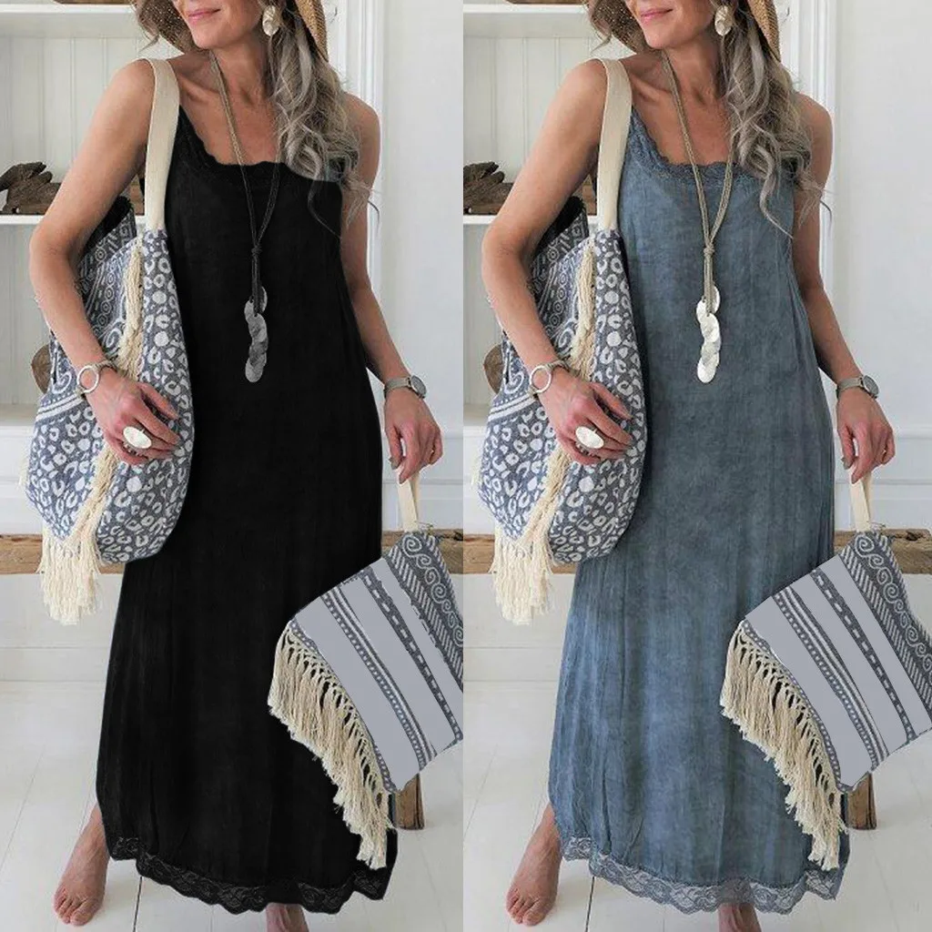 

Women Summer Casual Solid Sleeveless Dress Lace Splice Strap Long Dress Evening Dress Casual Dresses For Women