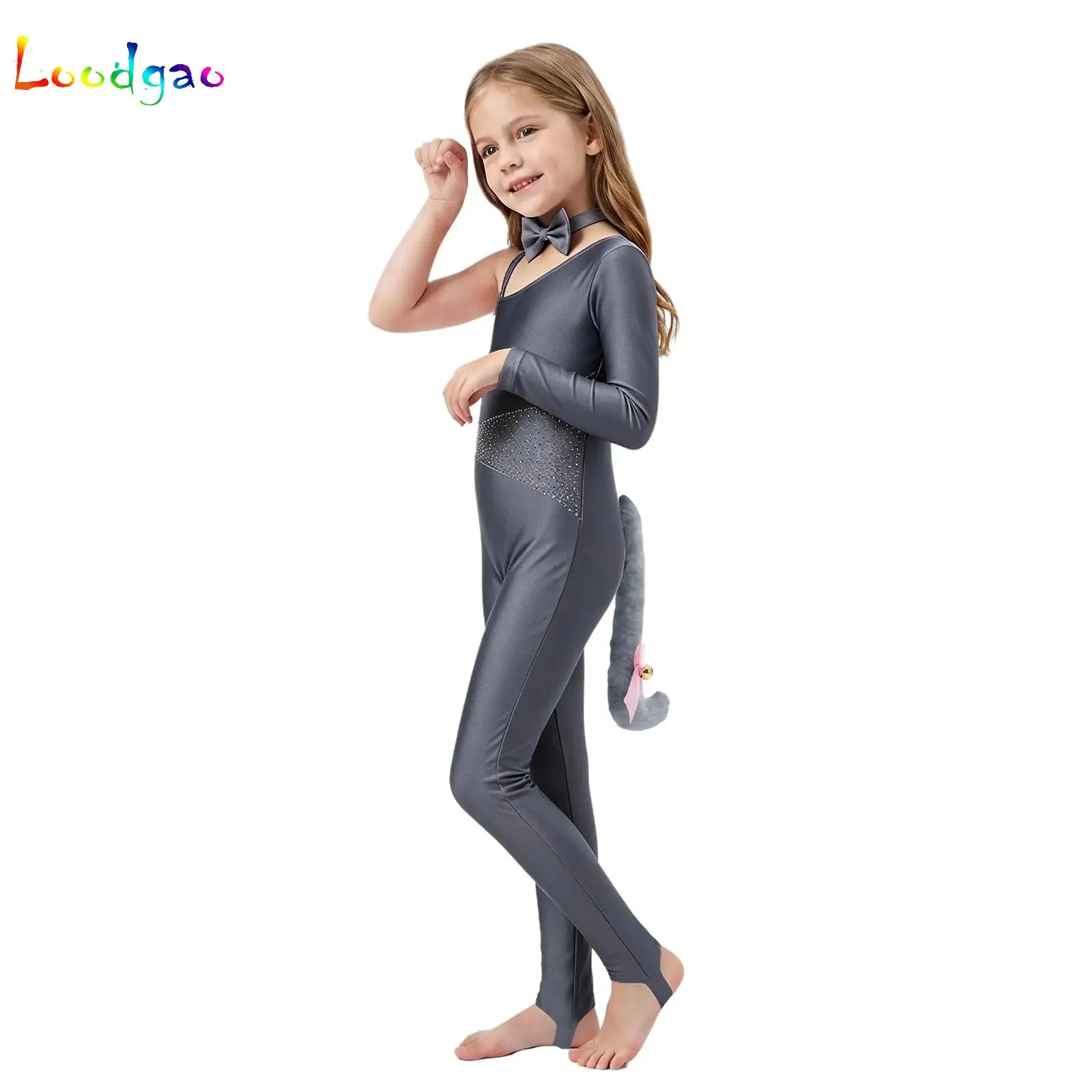 

Girls Cat Cosplay Jumpsuit+Bowtie Rhinestones Gymnastics Leotard Full Body Unitard for Ballet Dance Figure Skating Acrobatics