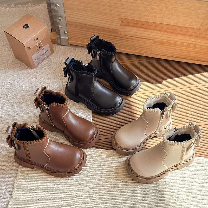 

2025 Autumn Winter New Children Ankle Boots for Girls Fashion Korean Style Soft Sole Non-slip Versatile Princess Bowtie Shoes