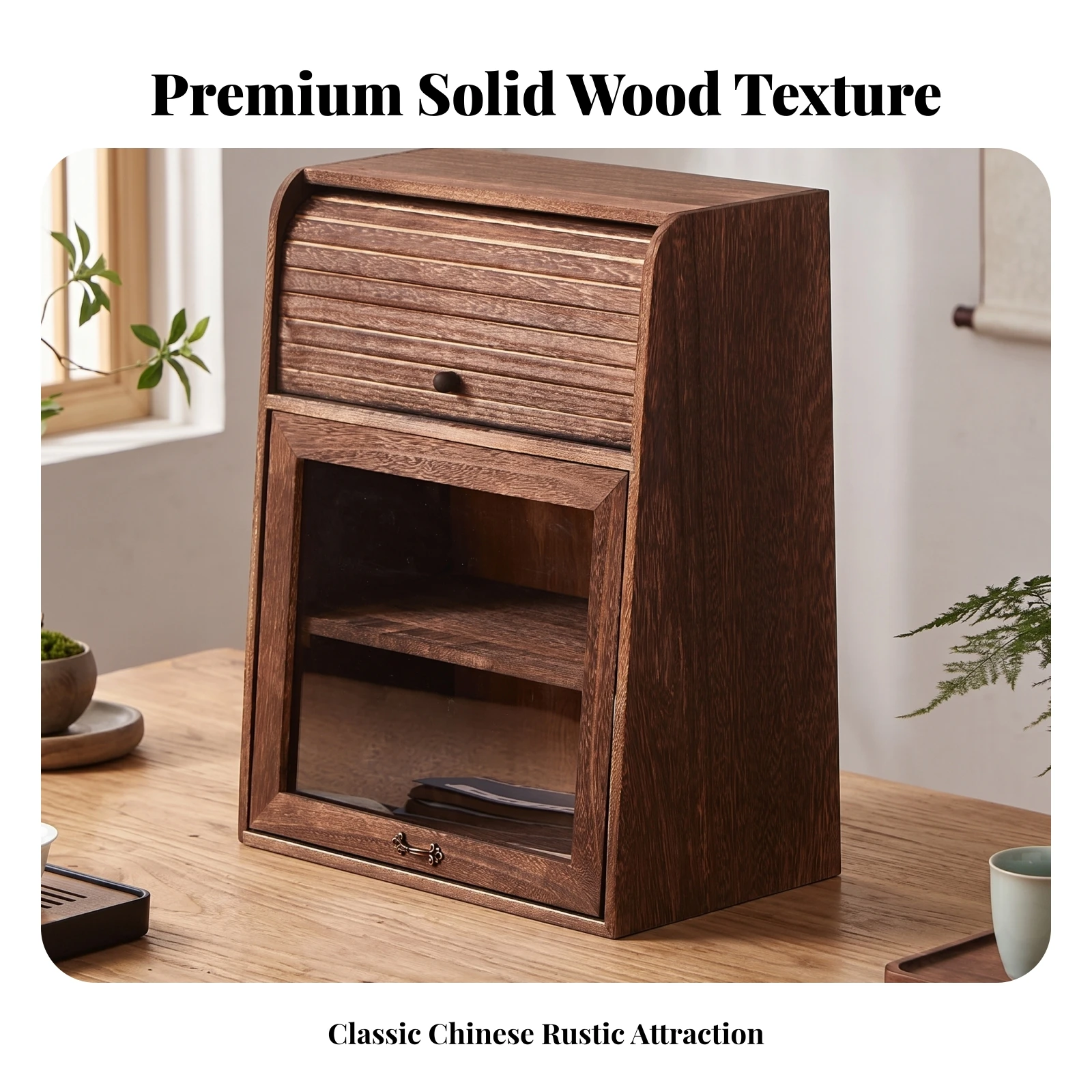 Chinese Tea Storage Cabinet Dark Brown Tea Storage Cabinet Wood Grain Open Shelf