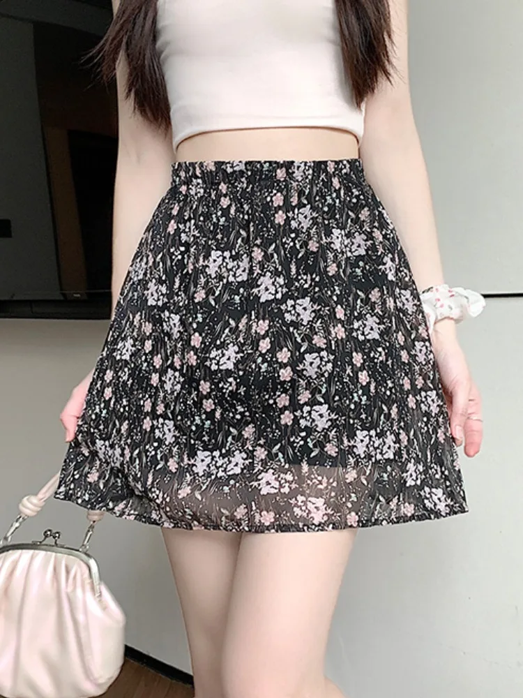 

Sweet Floral Chiffon Pleated Skirt Women's High Waist Slimming Versatile Short Pants Skirt Summer Beautiful Retro Commute Style