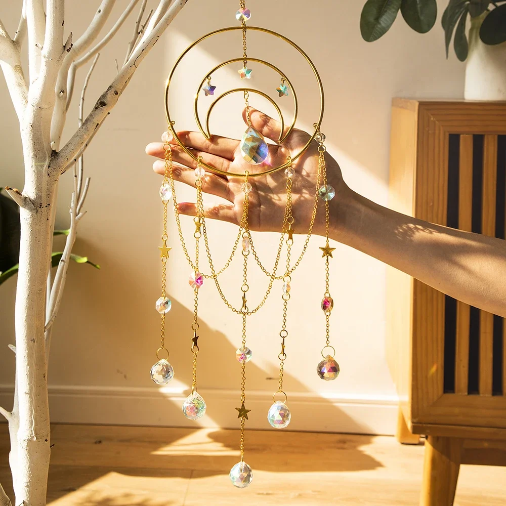 Chandelier Crystal Suncatcher Sun and Moon Window Hanging Ornament Stained Glass Prism Crystals Dream Catcher Garden Decoration
