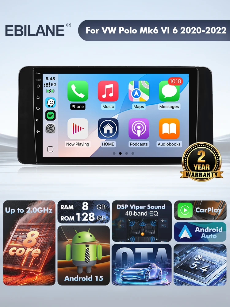 EBILAEN Android 15 Car Radio For Volkswagen Polo Mk6 VI 2020 2021 2022  Wireless Carplay Auto Radio Car Multimedia OTA 2 Din