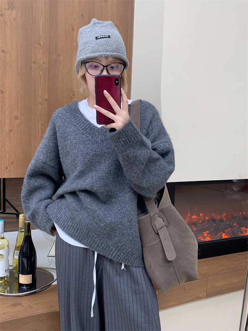 V-neck wool containing autumn and winter new casual versatile loose pullover sweater women's simple solid color top