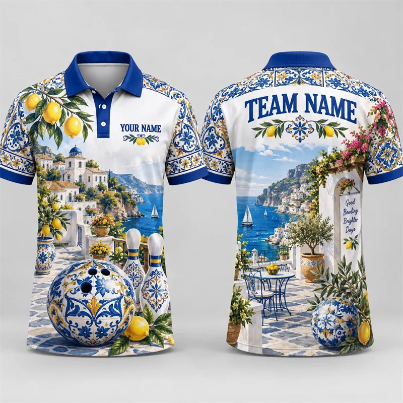 Custom Bowling Polo Shirt Personalized Name Team Name Scenic Graphic Short Sleeve Jersey League Tournament Sports Uniform Top