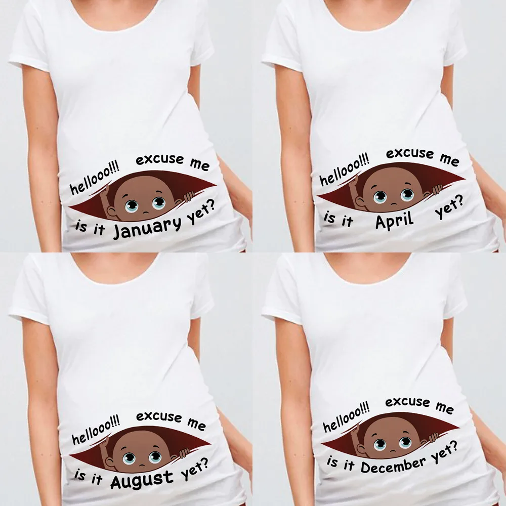 

Excuse Me Is It January Yet 12 Monthes Summer Maternity Pregnancy T Shirt Women Tee Black Baby Print Pregnant Clothes T-shirt