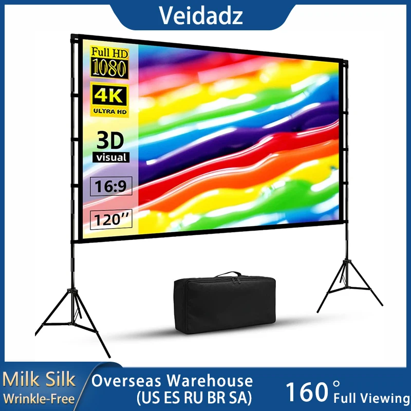 VEIDADZ Projector Screen With Stand Soft White Less Creases 60 84 100 120in With Carry Bag Foldable Double Tripod Screen Outdoor