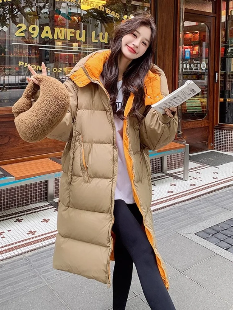 

Winter Women's Jackets 2024 White Duck Medium Length Down Jacket Fashion Color Collision Splicing Hooded Puffer Jacket