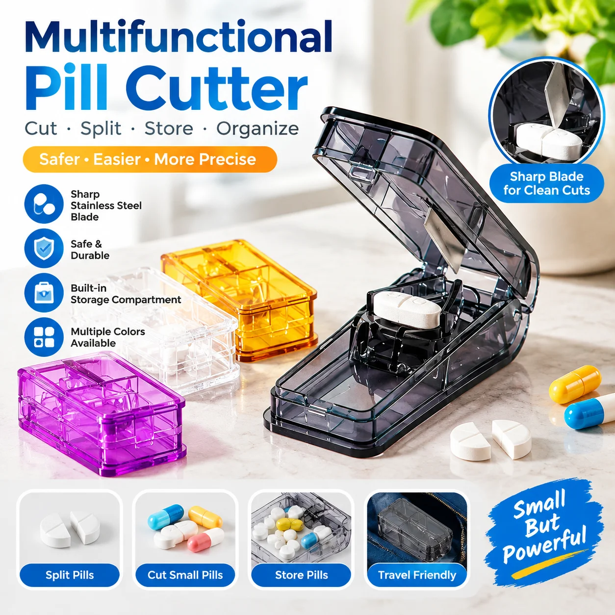 Multi-Color Transparent Pill Cutter With Storage Box Tablet Splitter Portable Medicine Organizer Home Travel Gift