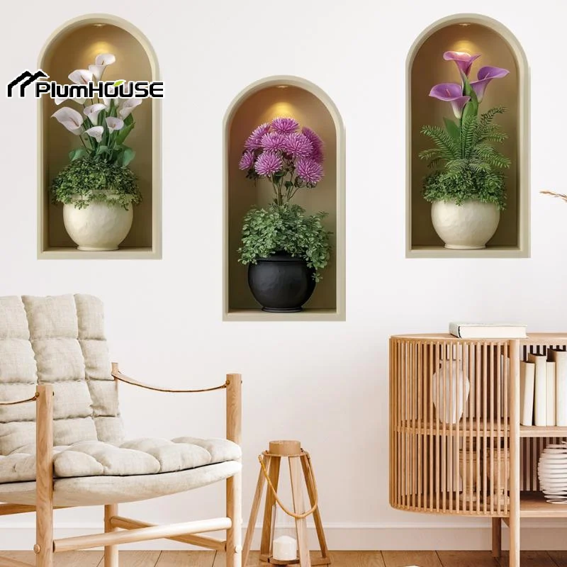 3D Watercolor Plant Wall Stickers - Realistic Potted Plants Decor, Self-Adhesive Vine Leaves For Living Room Bedroom Wall Decor