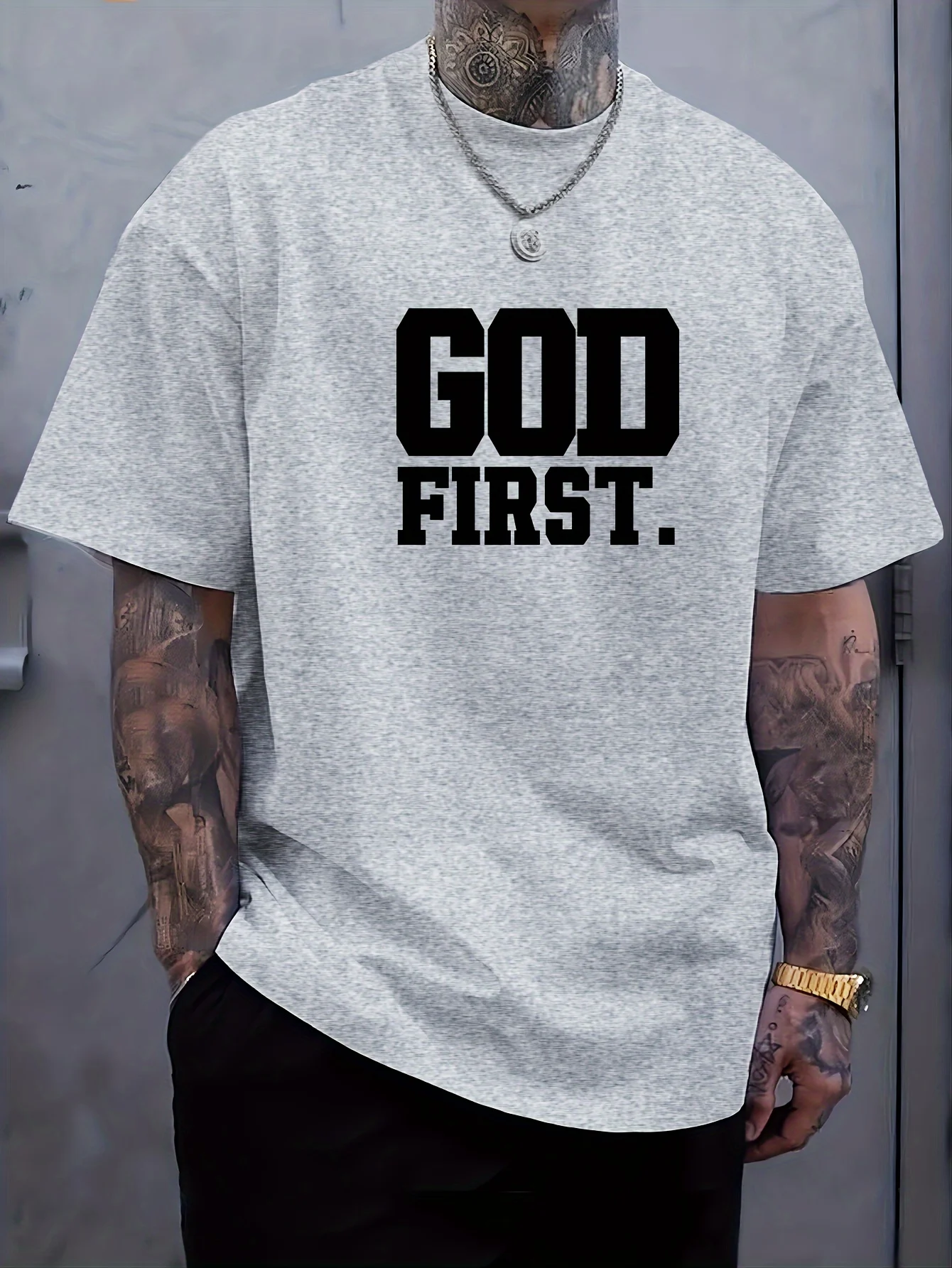 T-shirt d'été 100 % pur coton pour homme, motif imprimé « GOD FIRST », coupe ample, col rond, manches courtes, style décontracté et tendance