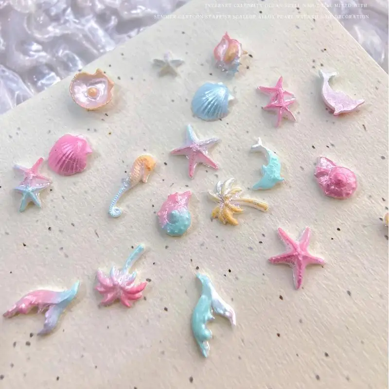 50 قطعة سلسلة المحيط لامعة ملونة قذيفة نجم البحر محارة ذيل السمكة الراتنج مسمار الفن الراين جوهرة زينة مانيكير حلية