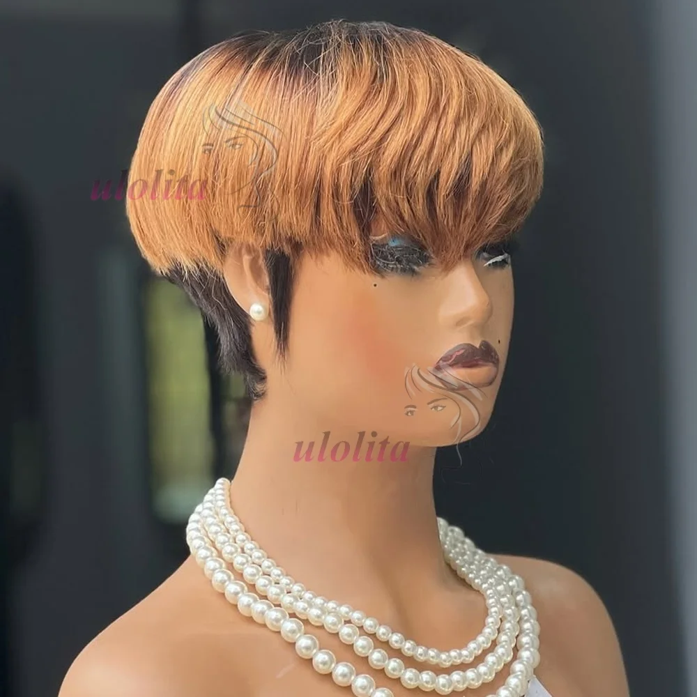 Short Straight Bob Wig Pixie Cut Wig Human Hair For Black Women With Bangs Brazilian Virgin Hair Non Lace front Cheap Wig Black image 3