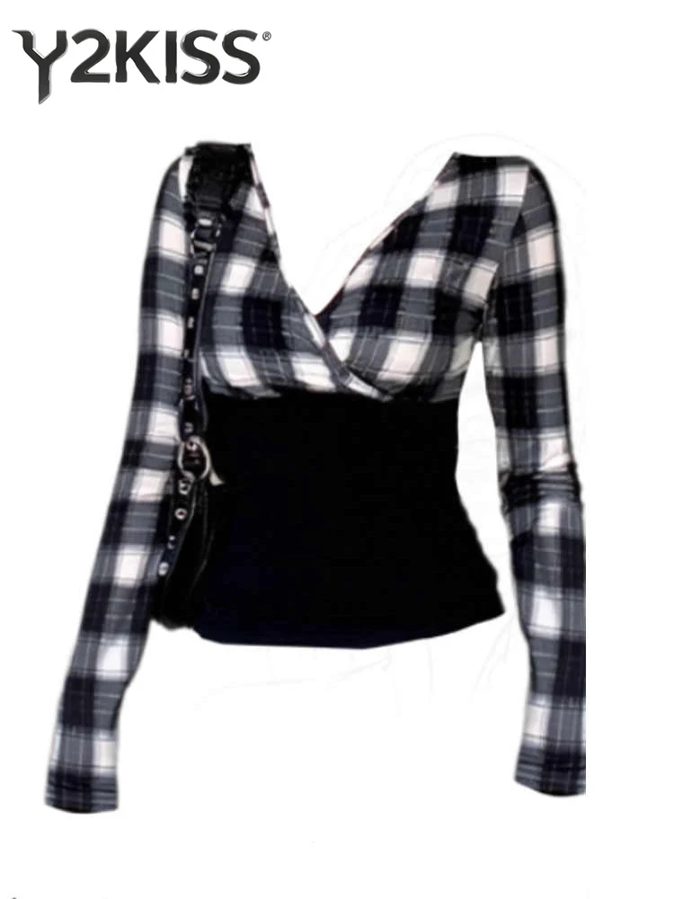 

Женский клетчатый лоскутный топ с v-образным вырезом и длинными рукавами, дизайнерские футболки Gyaru Shoujo, корейские модные футболки Y2k, новинка 2000-х годов High Street Tide
