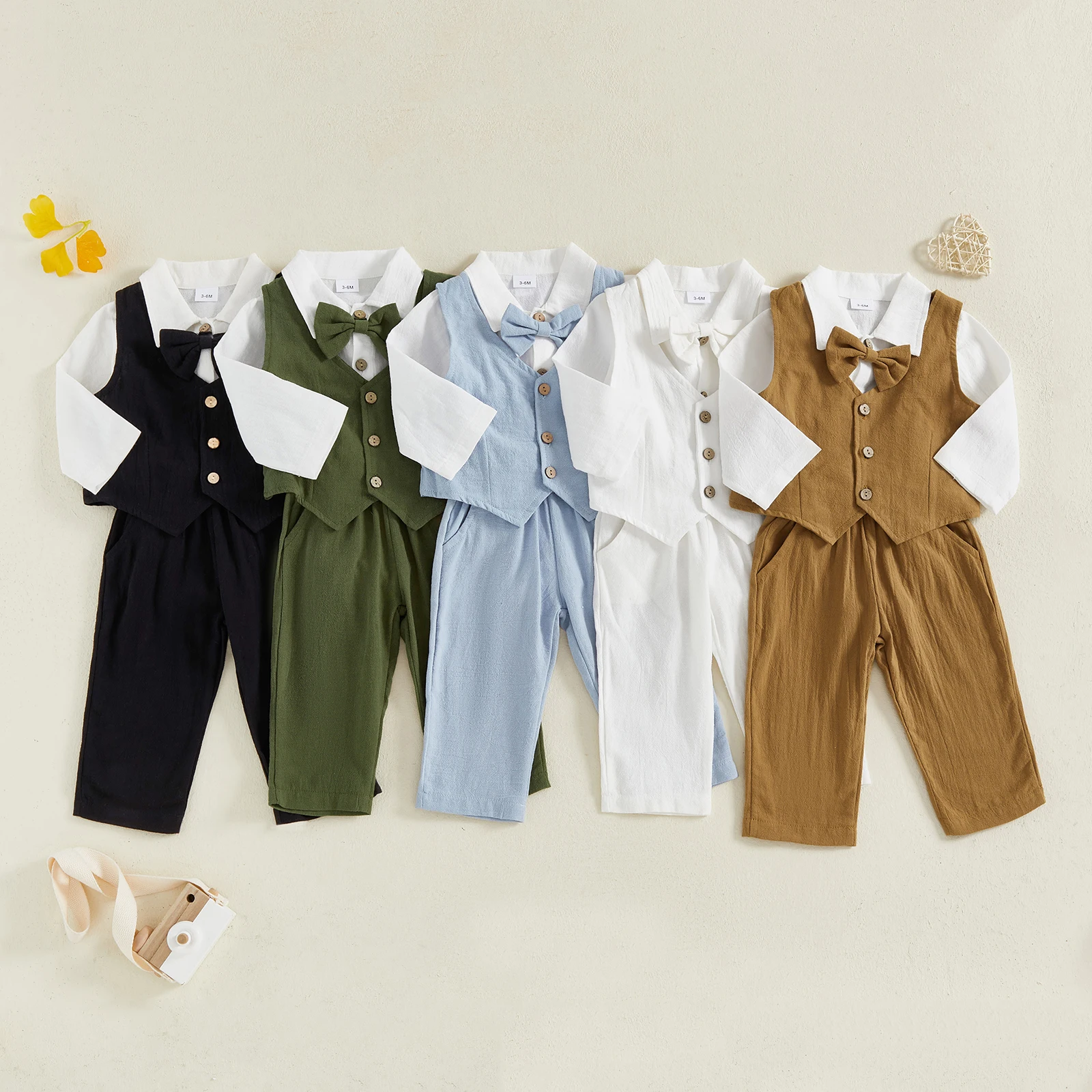 

SUNSIOM 0-18 Months Baby Boys Fall 3Pcs Sets Long Sleeve Lapel Button Romper Waistcoat Suspender Pants Sets