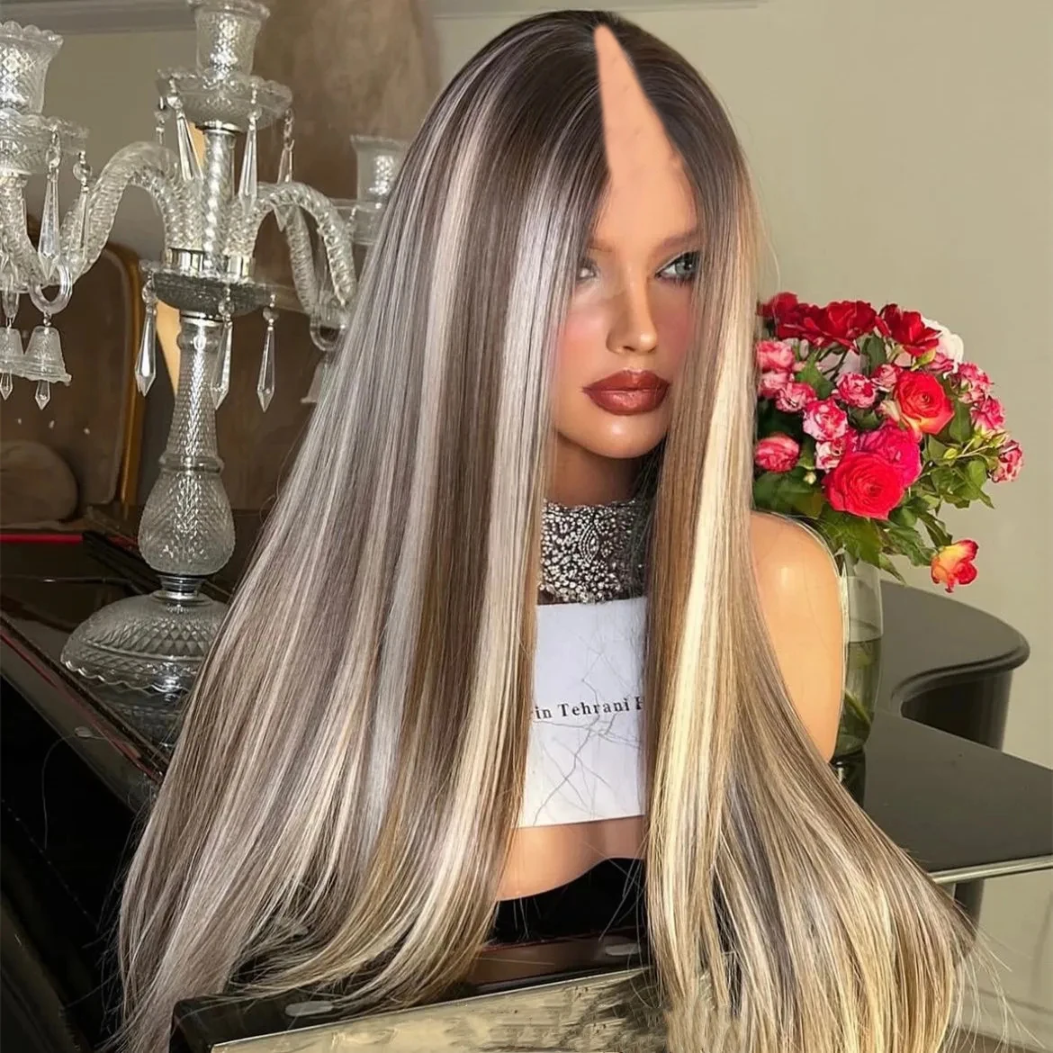 

Highlights Light Blond V Part Lace Front wig Straight 100% Human Hair U Shape Brown Ombre Silky Straight Peruvian 1×4 Open Lace