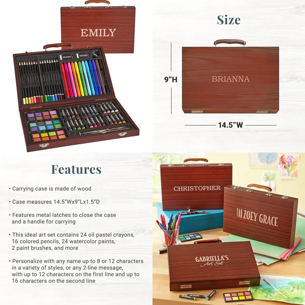 

Персонализированный художественный набор Deluxe Let's Make Memories, 80 предметов — для детей — деревянный футляр для переноски — масляные мелки, цветные карандаши, Waterco