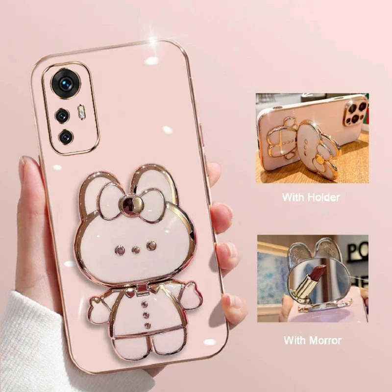 For Xiaomi 12 Pro Phone Case Soft Silicone Solid Color Plating Cartoon Rabbit Fold Stand Makeup Mirror Bracket Cover