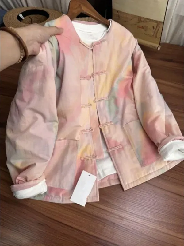 

Хлопковая куртка в стиле ретро с облачным узором, легкая круглая женская осенне-зимняя верхняя одежда на пуговицах, удобное пальто свободного покроя