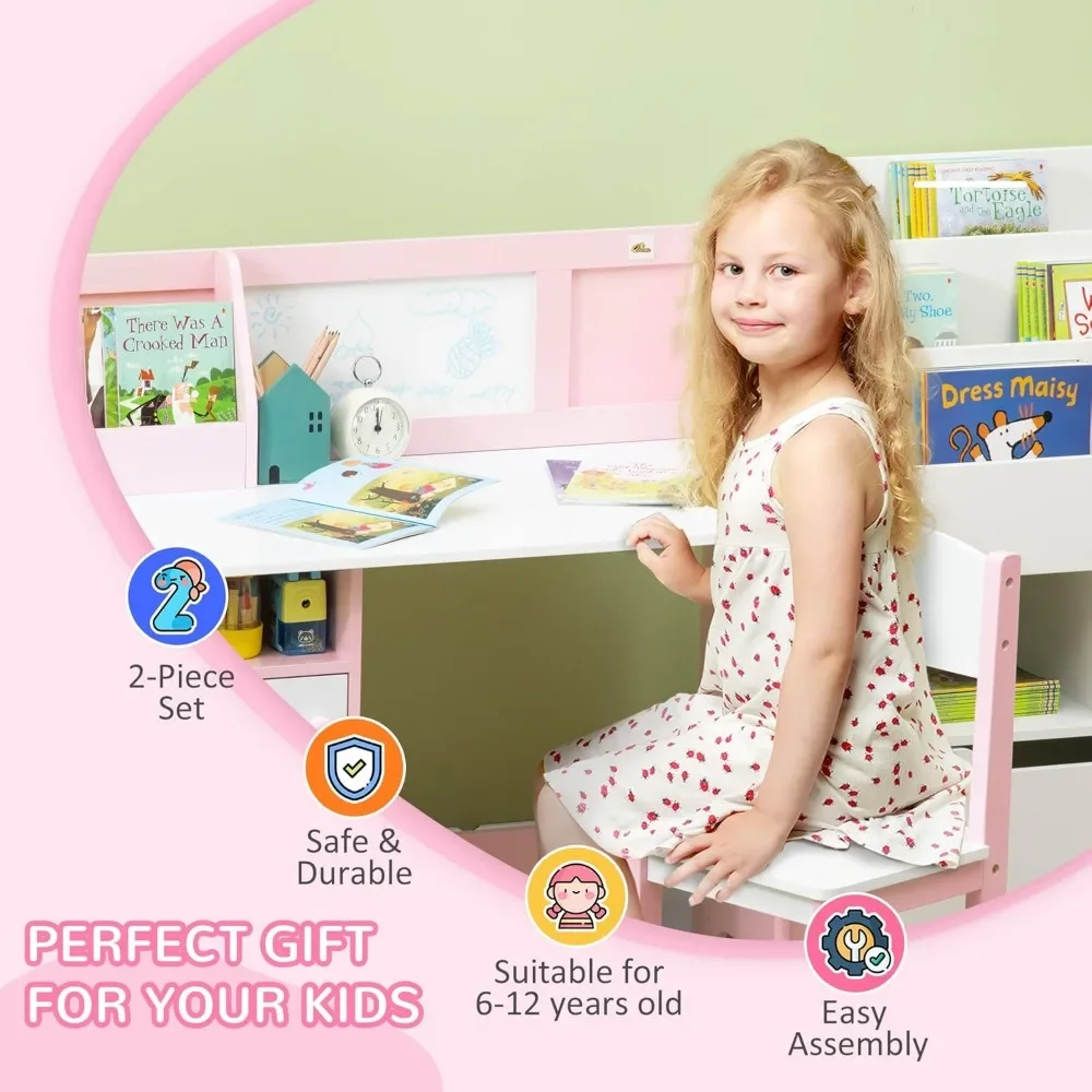 Toddler Desk and Chair Set, Kids Writing Desk Study Table for Children with Whiteboard, Storage Cabinet, Child Furniture