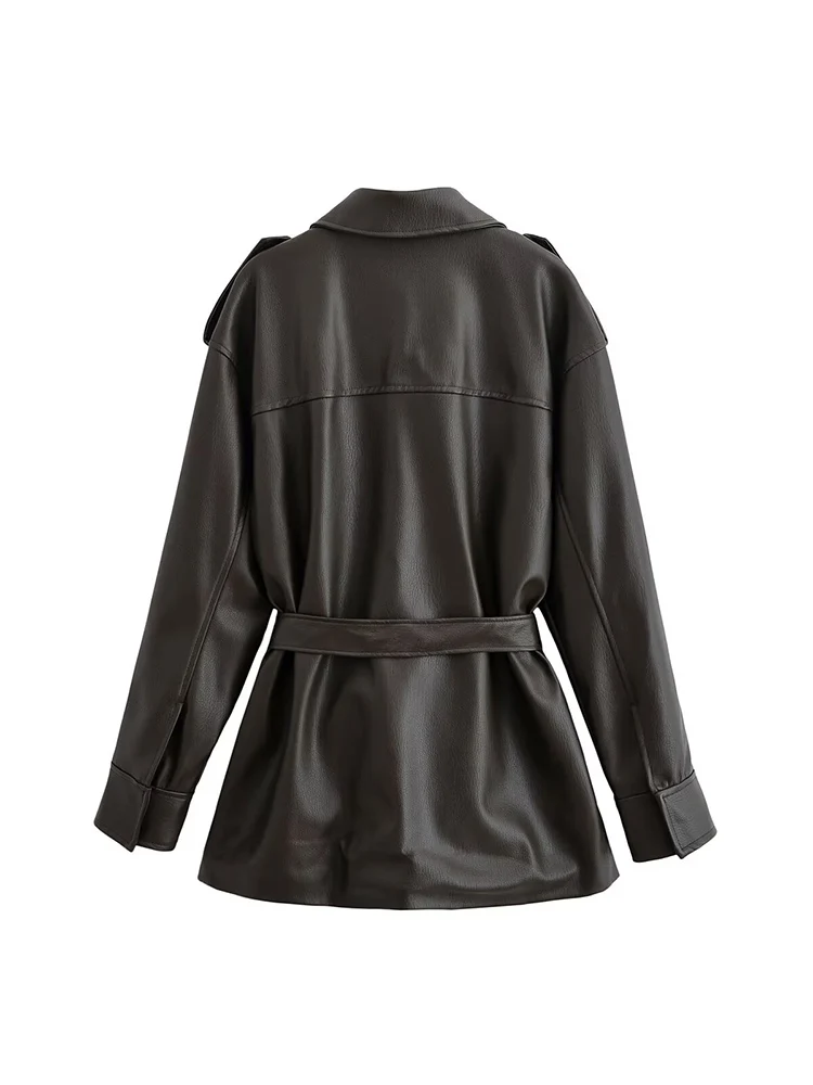 Estilo europeu nova moda feminina versátil temperamento cinto lapela decorativa jaqueta de couro de comprimento médio