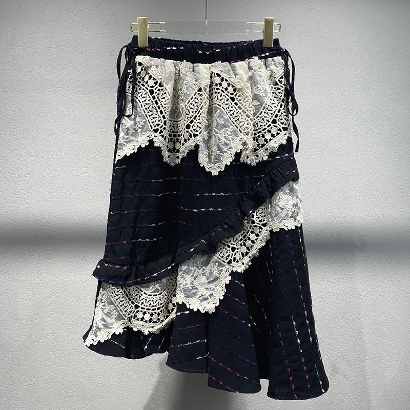 

Niche 2024 autumn and winter new vintage lace patchwork skirt multi-level jacquard skirt women