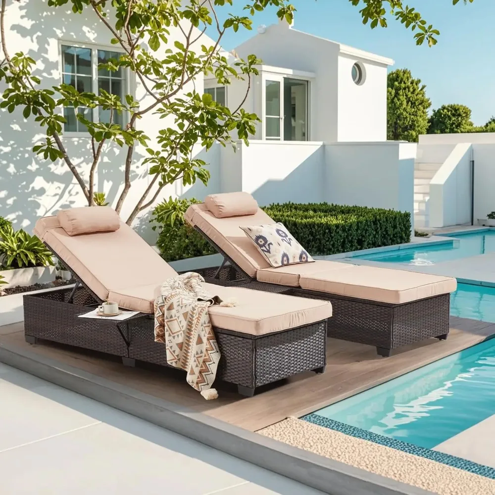 Outdoor Lounge Chairs, Pool Lounge Chairs Set of 2, Outdoor Chaise Lounge with Adjustable Backrest & Cup, Customized