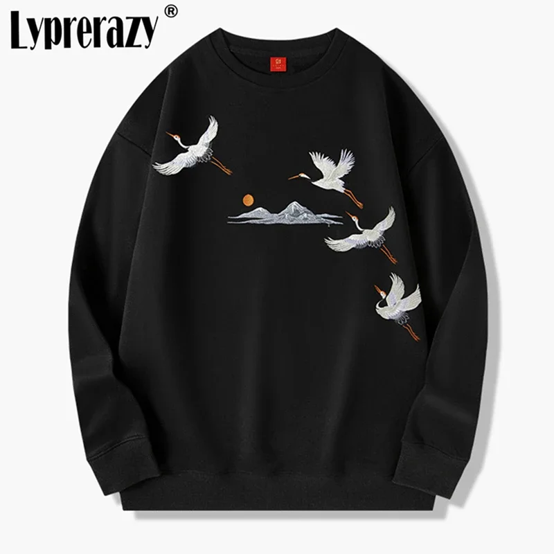 

Lyprerazy New National Tide Crane Embroidery Round Neck Sweatshirts Men Autumn Winter Cotton Loose Pullover Tops