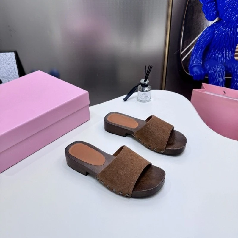 

Women's 2026 Metal Letter Platform Sandals, Wood Sole Square Heel Slides, Round Toe Summer Shoes. Fast Shipping