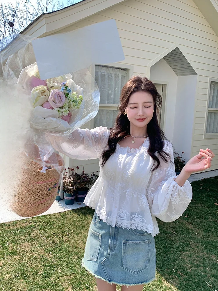 

Белое платье с кружевной отделкой, вышивкой, объемным цветочным узором 3D, в стиле «жасминовый чизкейк», женское, из полиэфирного волокна, прямого кроя