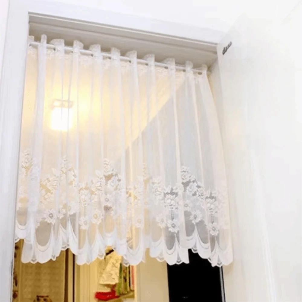 White Sheer Triangle Curtain Embroidered Small Window Half Curtain Lace Jacquard Flowers Short Valance Curtains Home Decor
