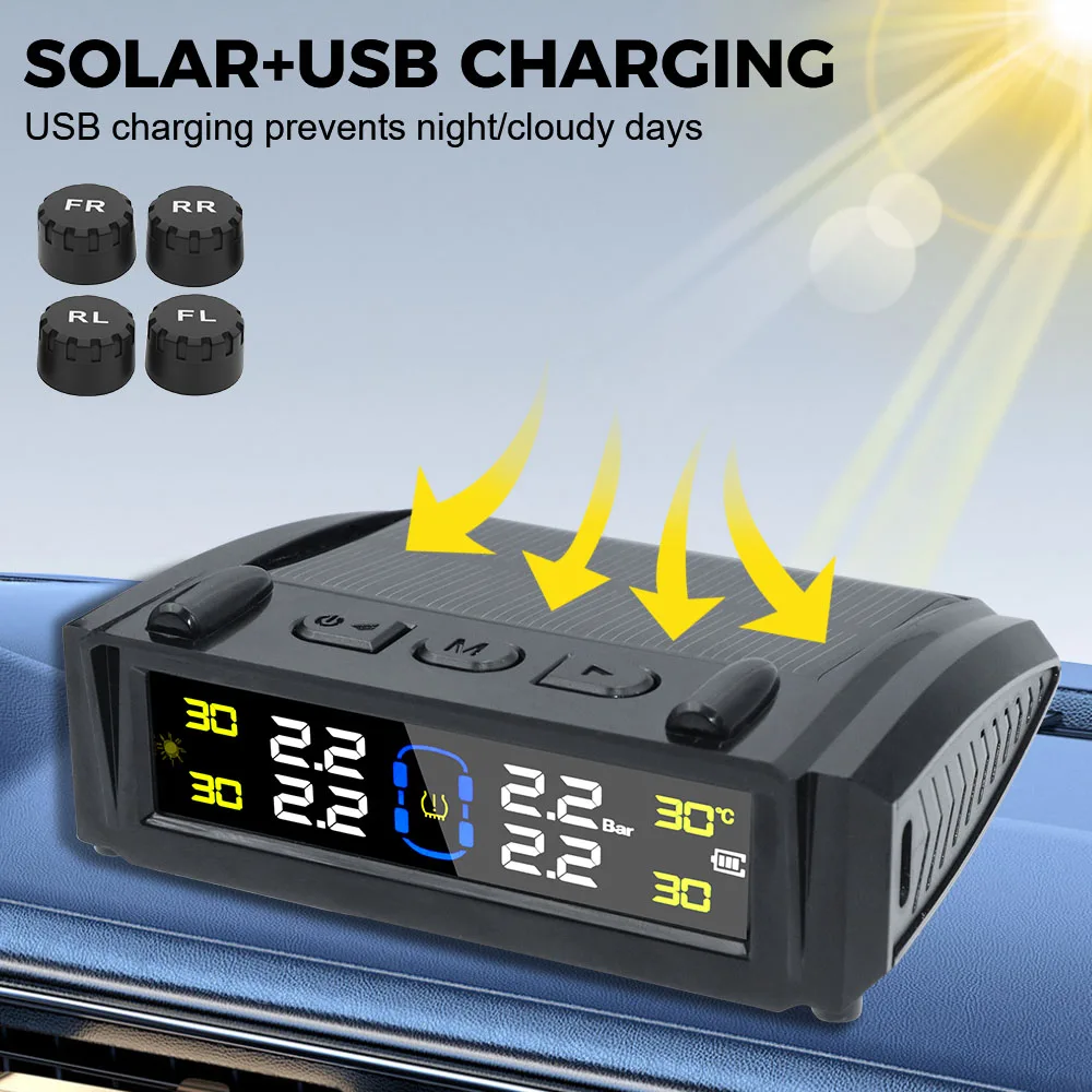 Car TPMS Temperature Warning Tire Pressure Monitoring System 0-6Bar USB/Solar Power Digital LCD Display 4 External Sensors
