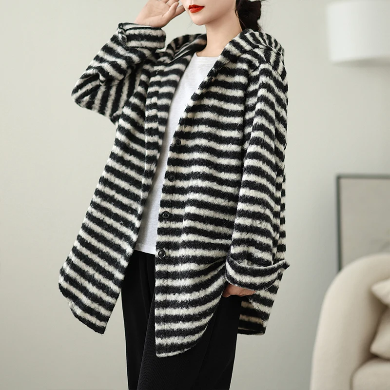 

Thiened Ретро Гонконг Sle Свободные длинные све с капюшоном в полоску irt Женские зимние хлопковые полиэстеровые смеси, устойчивые к деффекту...