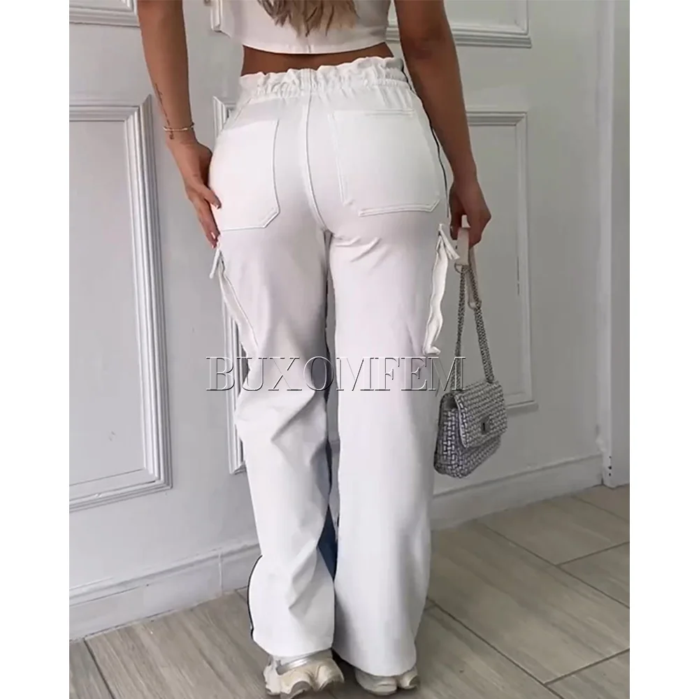 Fashion Multi-Pocket Jeans Retro Splicing Drawstring Strap Trousers Casual Streetwear Loose Trousers Women Trend New Bottoms