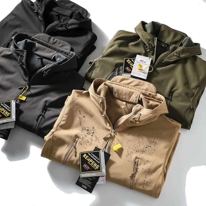 Men's Tactical Softshell Jacket - Windproof & Waterproof Multi-Pocket Hooded Coat with Fleece Lining for Outdoor Hiking Camping