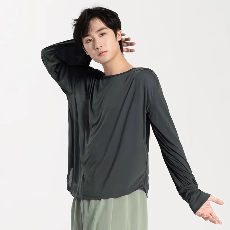 Męskie bluzki do tańca latynoamerykańskiego 2025, luźne, z długim rękawem, plisowane, typu smock, nowoczesne bluzki do tańca latynoamerykańskiego, ubrania do ćwiczeń dla nauczycieli, strój sceniczny do tańca.