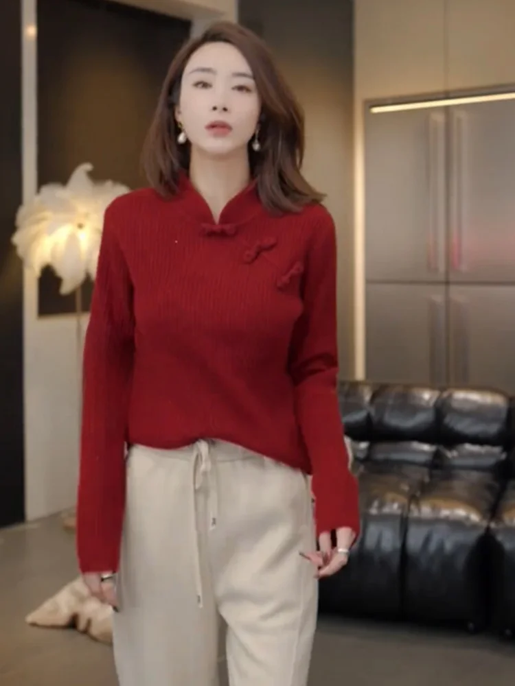 Faionable Retro Knitted Wool Sweater Long Sve Button up Red Top for New Year Korean Sle Commute Wind Loose Fit Knitwear