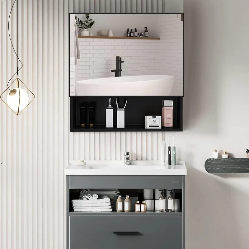 Mirrored Medicine Cabinet,Black Bathroom Medicine Cabinet Wall Mounted Space Aluminum Storage, Water, and Rust Resistant