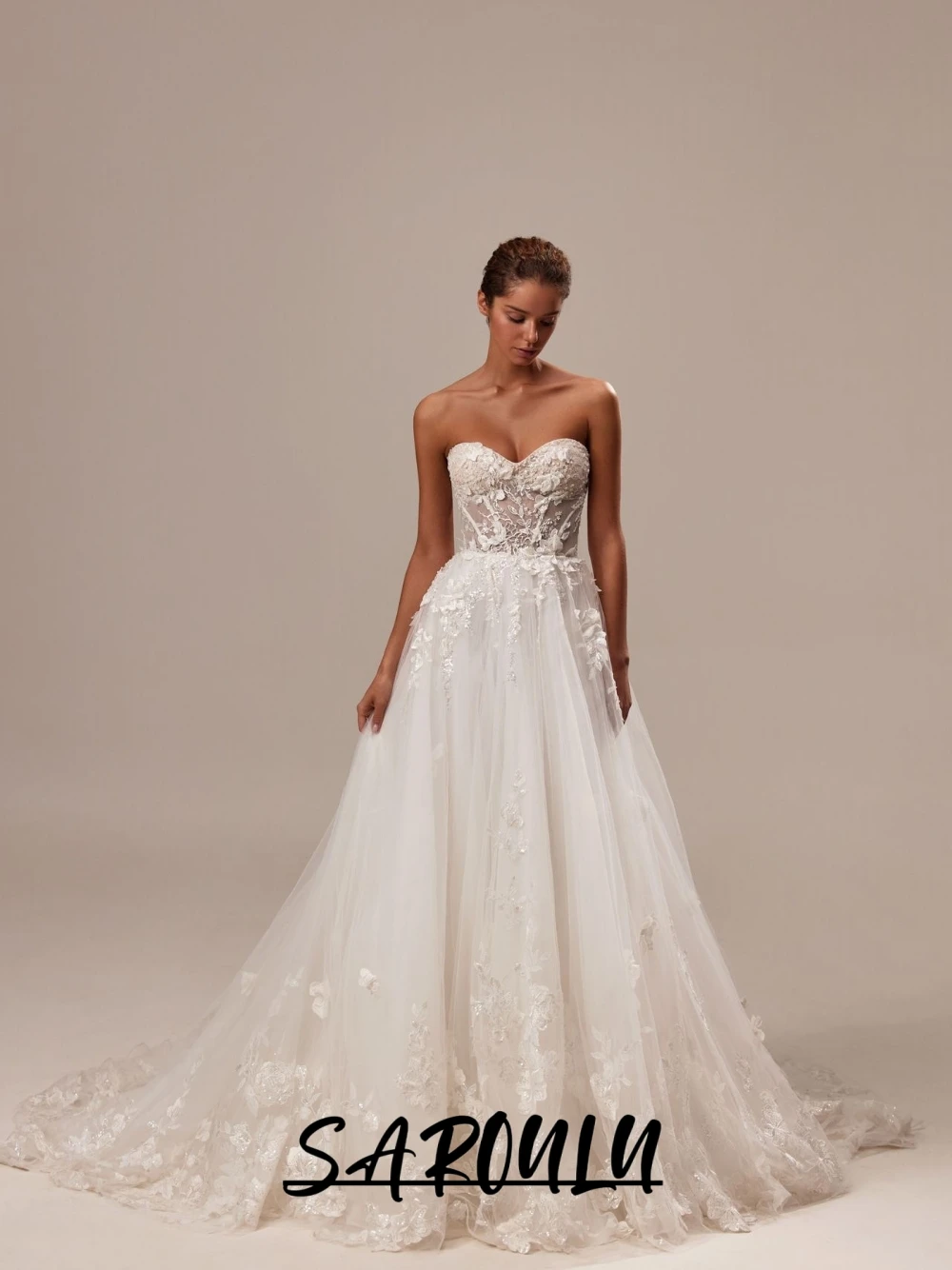 

Мечтательное прозрачное свадебное платье с цветочным принтом, романтическое свадебное платье трапециевидной формы с вырезом в форме сердца, нежное гламурное модное платье невесты с бисером