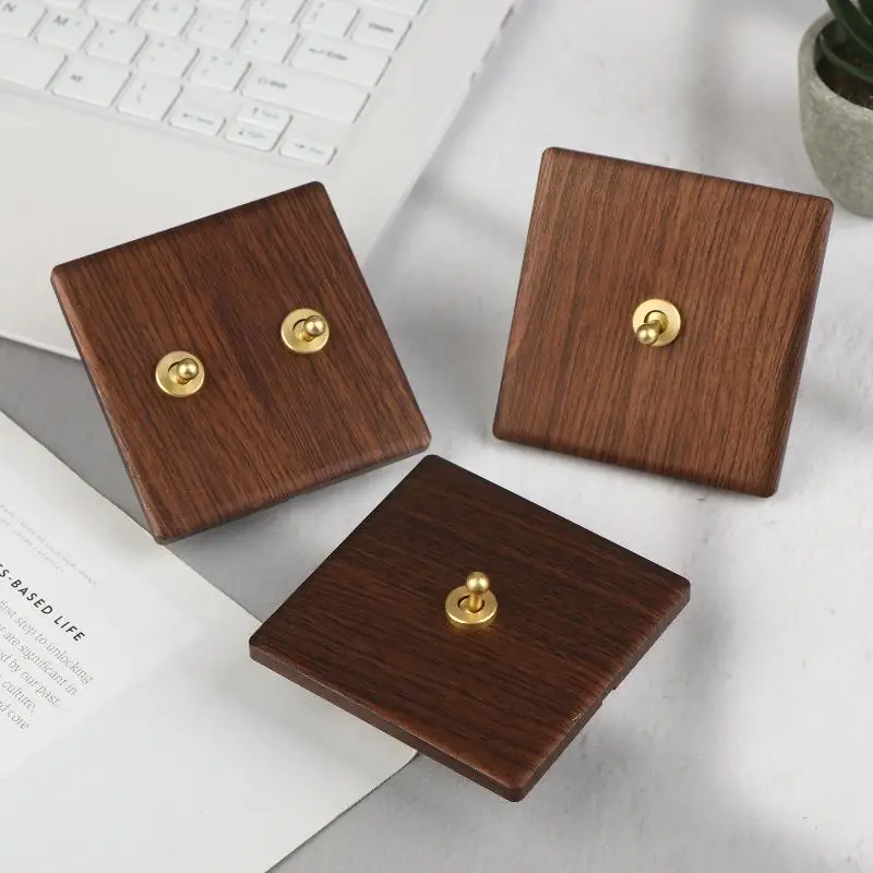 ⭐ Wood Retro British Light Switch Socket Bedside Wall Lamp Switch LED Dimmer Pure Brass Toggle Switch Board - view 4