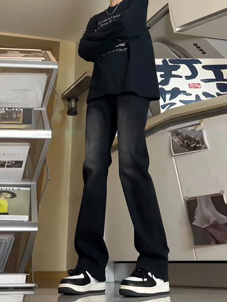 

Мужские джинсы с эффектом потертости и черным градиентом, винтажный американский стиль, свободные прямые брюки с легким клешем, молодежный тренд, хлопковый деним