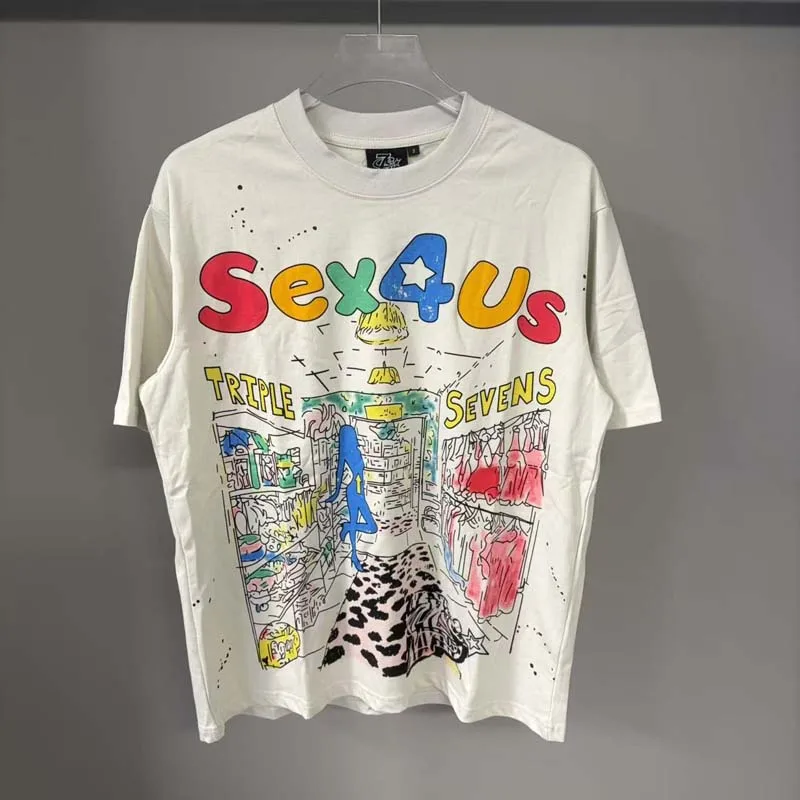 2026 Summer Triple Sevens Underwear Sexy Girl Print T-shirt Men Women High Quality White Loose Short Sleeve Tops Tee