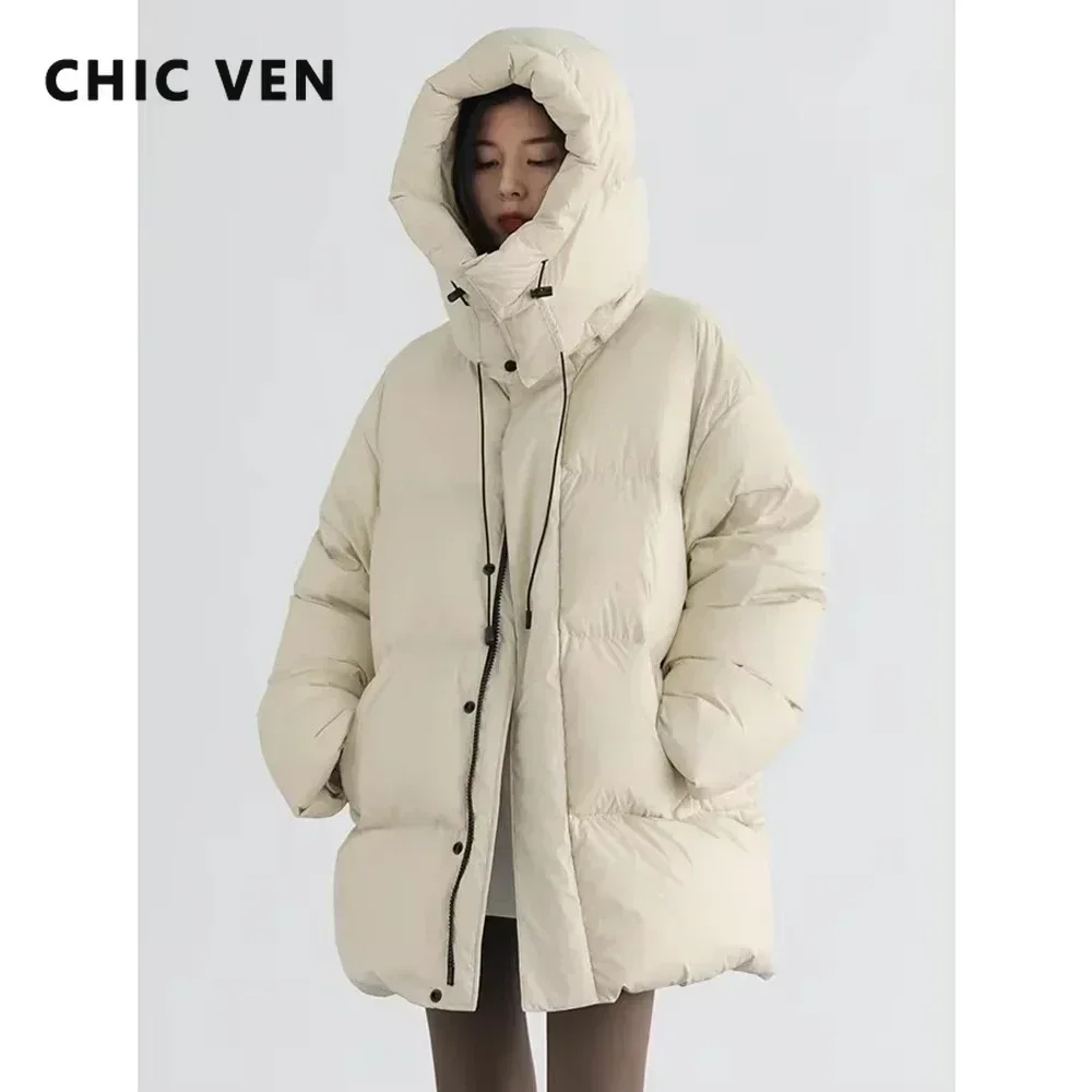 CHIC VEN Korean Women Down Coats Standing Collar Hooded Mid Long 90 White Duck Down Jacket Winter Women Clothing 2024