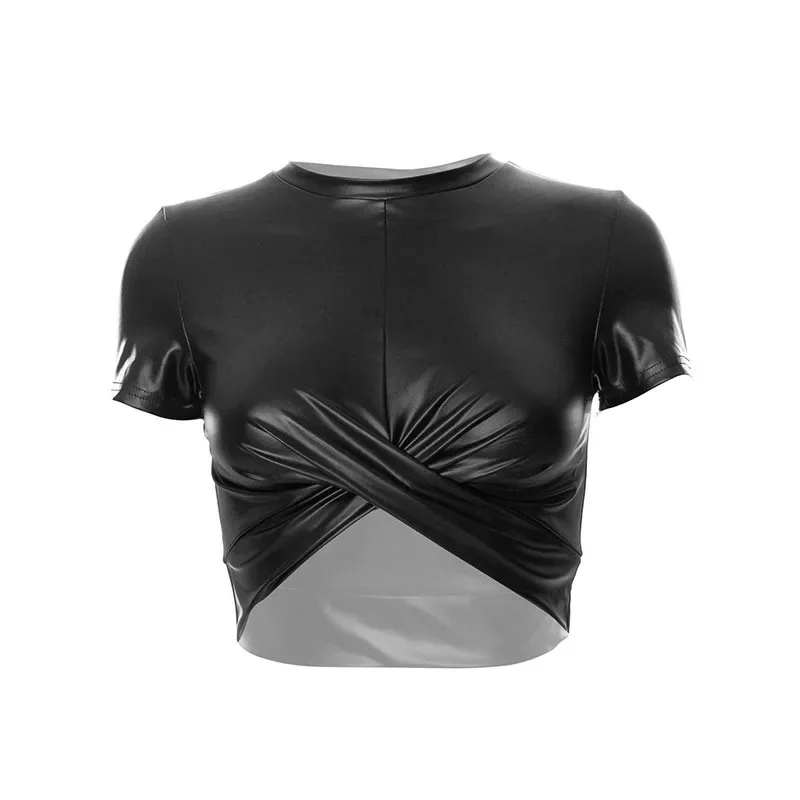 New Tank Top PU Leather Camisole Clothing Cropped Faxu Leather Ladies Sexy Short Top Short Sleeve Black