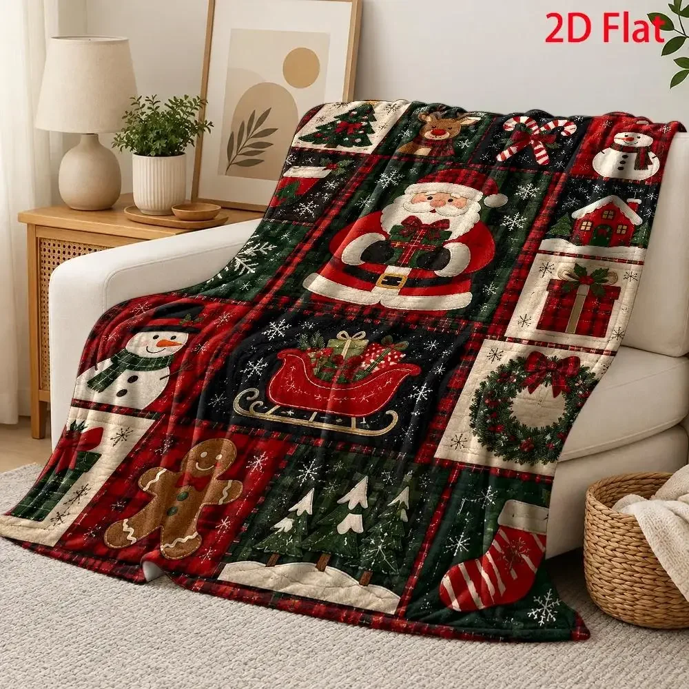 1pc 2D Flat Throw Blanket, Christmas Tree & Snowflake, Whimsical Santa, Red Green Festive Blanket