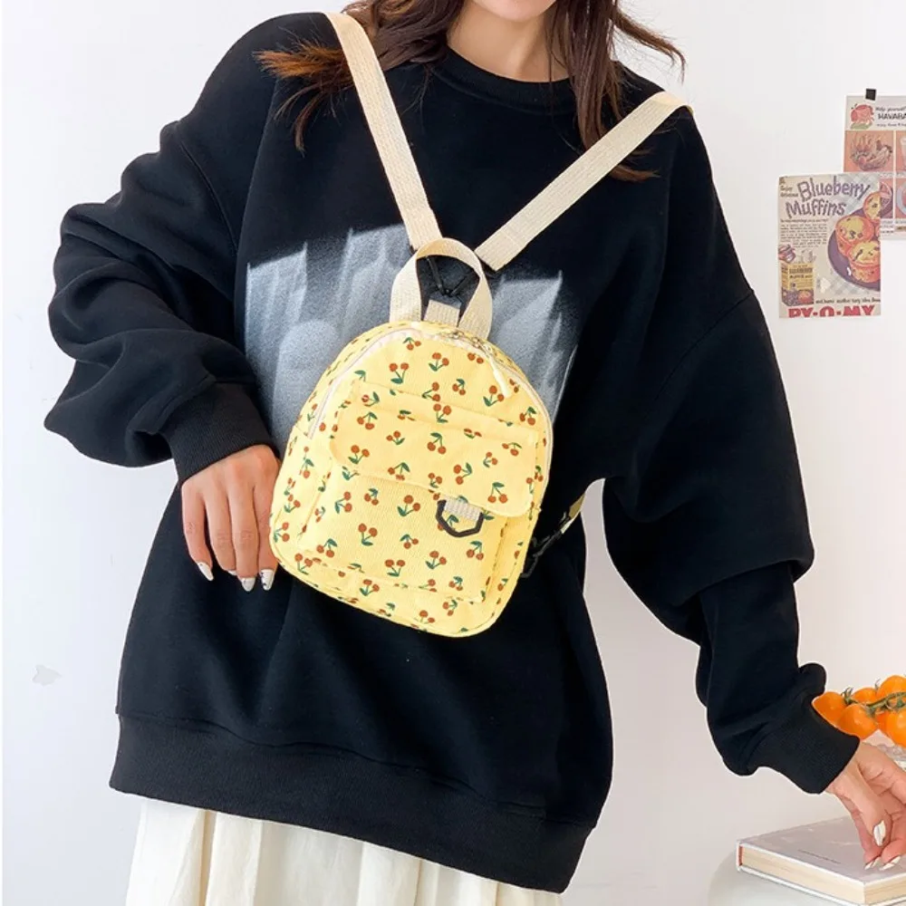 Large Capacity Mini Backpack Portable Cherry Print Corduroy School Baskpack Multiple Pocket Travel Rucksack Women