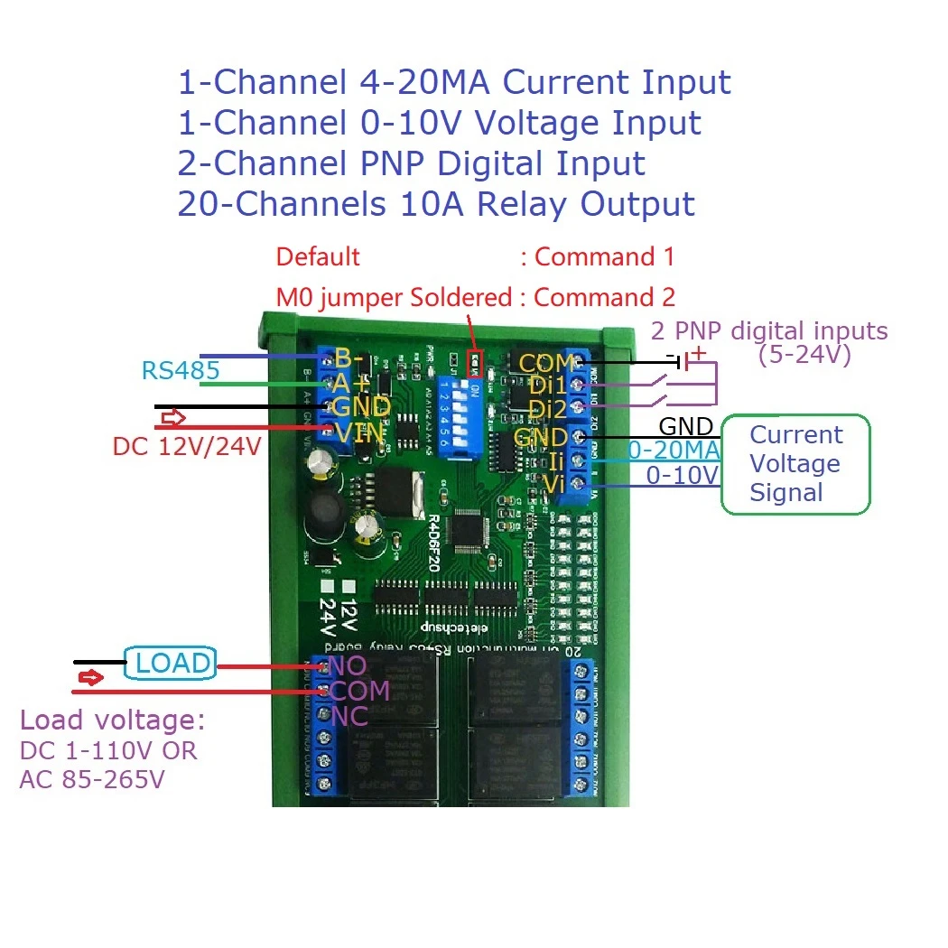 Integrated 20ch RS485 Switch Digital Analog IO Module with Modbus RTU PLC UART Expanding,4-20MA Current 0-10V Voltage Read