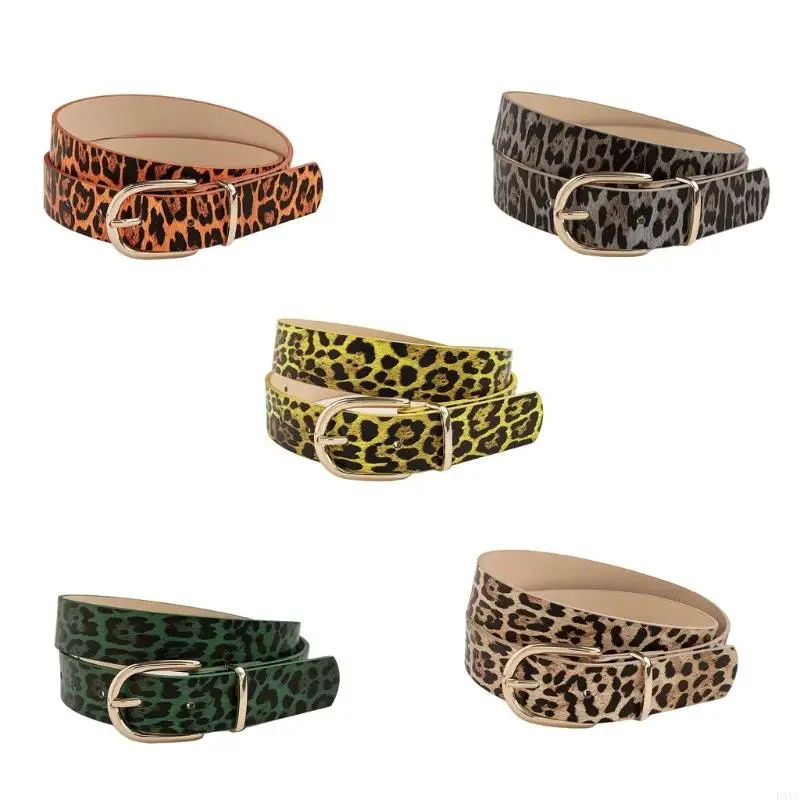 

L5YC 2000s Leopard Pattern PU Wide Belt Adjustable Waistband Pin Buckles Waist Strap